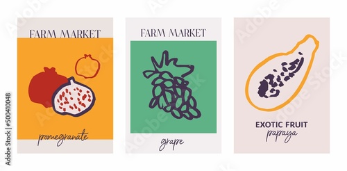Set of decorative modern abstract posters with exotic fruits, tropical food, still lifes. Collection of color art prints drawn with line for wall decor, brochure covers, notebooks. Vector illustration