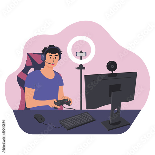 Streamer playing an online video game on computer 