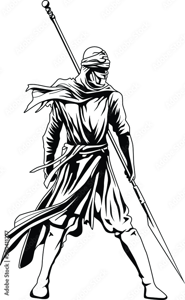 Fantasy warrior with spear Vector - Black and white line art warrior