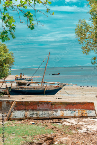 Pristine white tropical beach with rocks  blue sea and lush vegetation on the African Island of Pemba  Zanzibar.