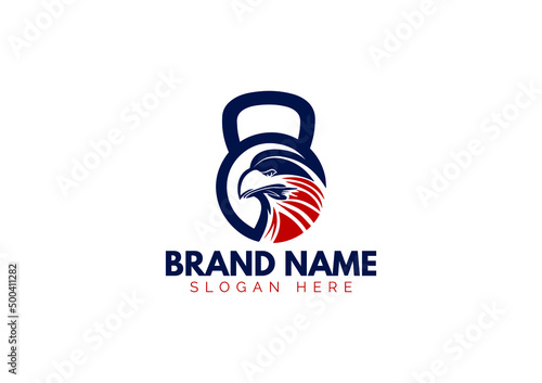 Fitness eagle face logo illustration vector design with kettlebell