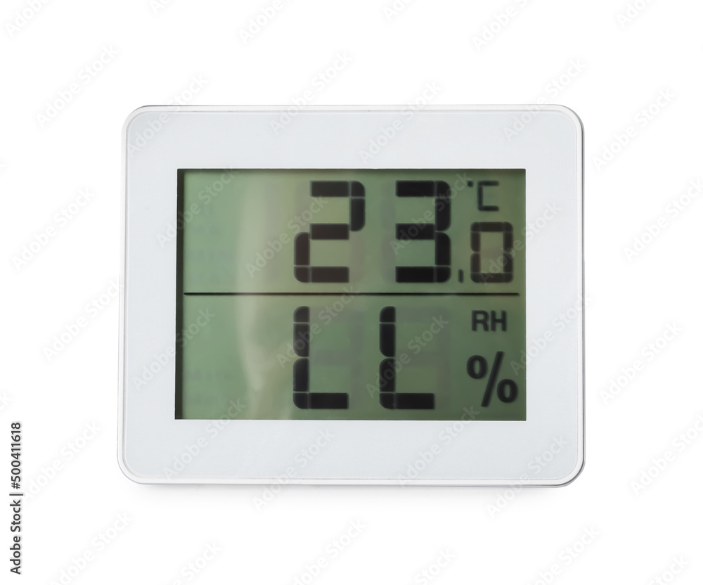 Digital hygrometer isolated on white. Meteorological tool Digital hygrometer isolated on white. Meteorological tool