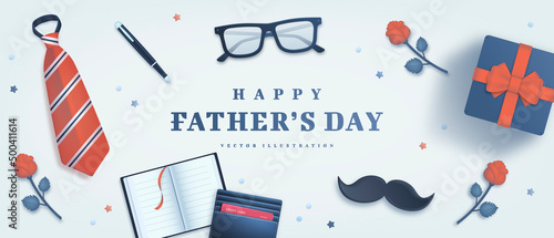 Obraz na płótnie Father's Day poster or banner template with necktie and gift box on blue backgro