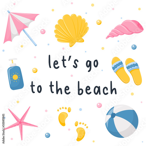 Summer postcard with seashells, umbrella, beach things. A square card, a print for clothes with the words - Let's go to the beach. Vector illustration in a flat cartoon style on a white background. photo