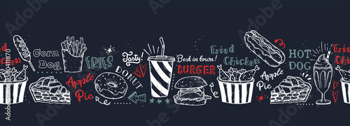 Beautiful hand drawn delicious fast food seamless pattern, tasty background, great for textiles, wrapping, packaging, wallpapers - vector design