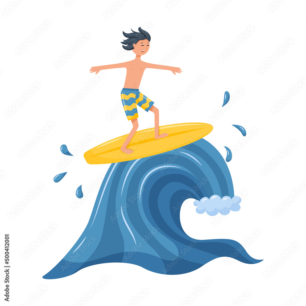 A boy with dark hair is riding a wave on surfboard. A young character, a teenager, is engaged in water sports, surfing. Vector illustration in a flat cartoon style isolated on a white background.