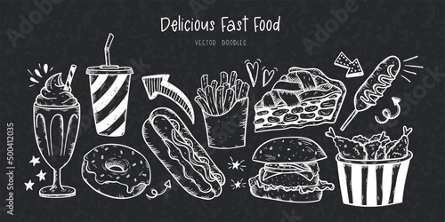 Beautiful hand drawn delicious fast food doodles, tasty elements like burgers, fries and donuts. Great for menus - vector design