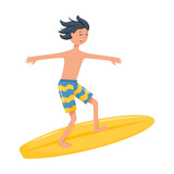 A boy with dark hair is riding on surfboard. A young character, a teenager, is engaged in water sports, surfing. Vector illustration in a flat cartoon style isolated on a white background.