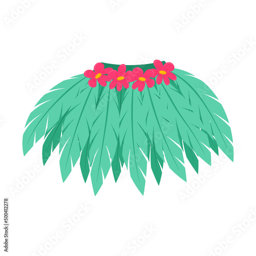 Hawaiian beach skirt made of tropical leaves and flowers. An abstract element of clothing. Vector illustration in a flat cartoon style isolated on a white background.