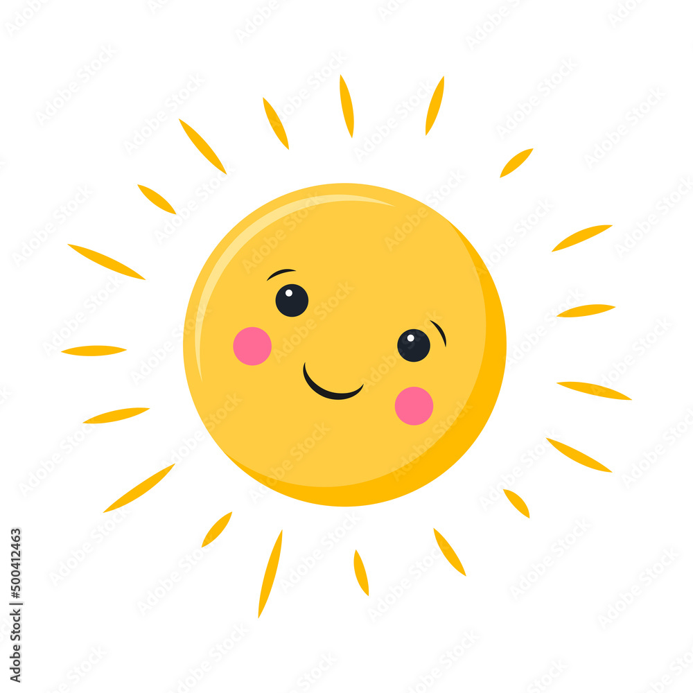 A simple sun with a face and eyes. Cute abstract sun with rays. A symbol of summer, weather. A simple vector illustration in a flat cartoon style isolated on a white background.