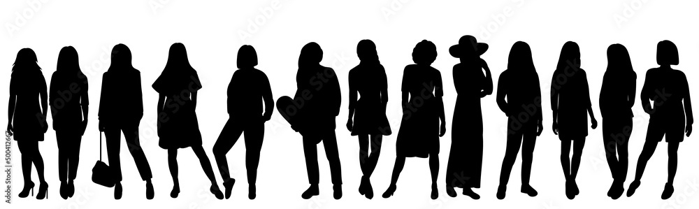 women stand silhouette, on white background, isolated, vector