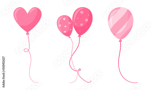 Pink festive balloons of classic shape and heart shape. Striped, with circles and hearts. A symbol of the holiday, a decorative element. Vector illustration in a flat cartoon style isolated on white.