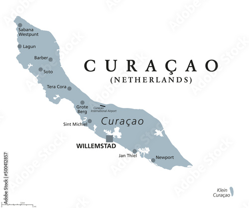 Curacao, gray political map. Island in the Leeward Antilles in the Caribbean Sea with capital Willemstad. Lesser Antilles island country and part of the ABC islands, off the coast of Venezuela. Vector