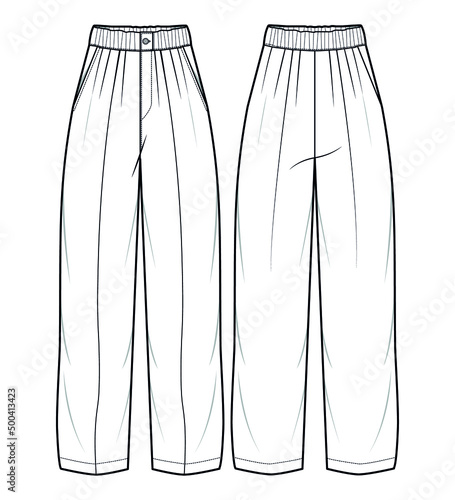Elasticated Waistband Pant with Front Button Closure, Pyjama Pant Front and Back View. Fashion Illustration, Vector, CAD, Technical Drawing.