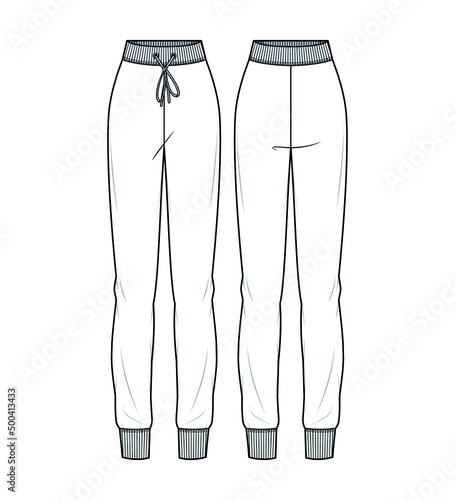 Women Joggers, Active Wear Joggers, Knit Joggers Front and Back View Fashion Illustration Vector, CAD, Technical Drawing.