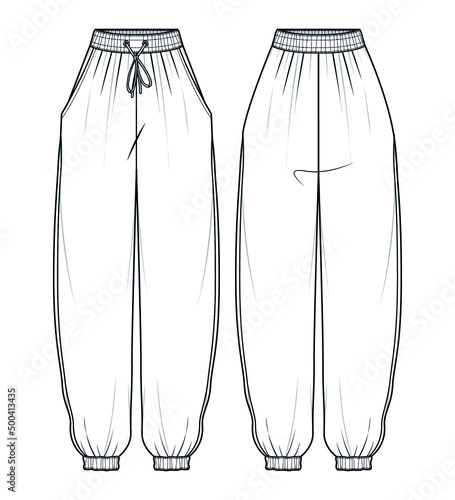 Women Side Panel Joggers, Knit Joggers Front and Back View Fashion Illustration Vector, CAD, Technical Drawing.