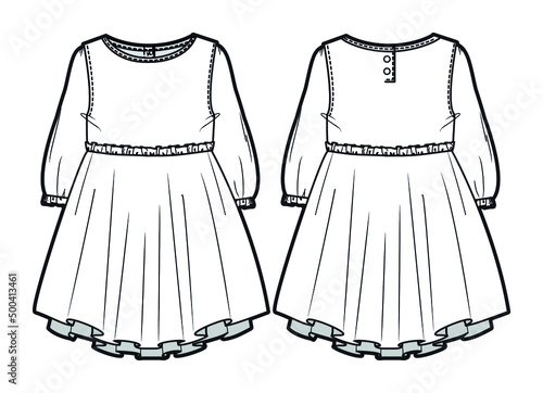 Kids Girls Long Sleeve Layered Short Frock, Baby Girl Layered Short Dress Front and Back View Fashion Illustration Vector, CAD, Technical Drawing.