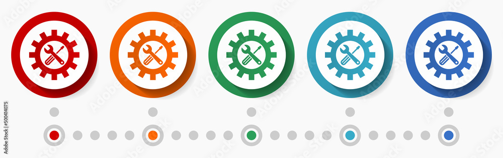Service, industry concept vector icon set, infographic template, flat design colorful web buttons in 5 color options Service, industry concept vector icon set, infographic template, flat design colorful web buttons in 5 color options