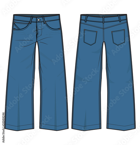 Women Straight Cut Denim, Wide Leg Jeans, Boot Cut Denim, Jeans Front and Back View Fashion Illustration Vector, CAD, Technical Drawing.