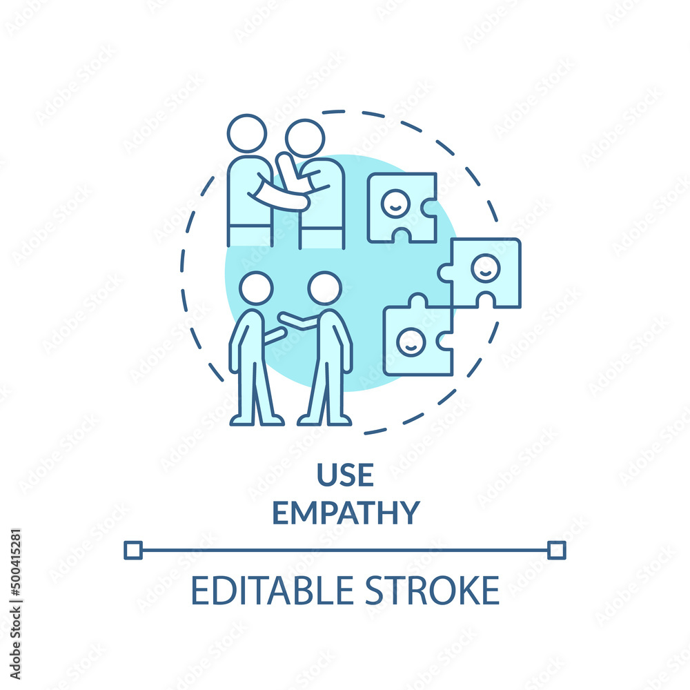 Use empathy turquoise concept icon. Develop emotional awareness abstract idea thin line illustration. Empathetic listener. Isolated outline drawing. Editable stroke. Arial, Myriad Pro-Bold fonts used Use empathy turquoise concept icon. Develop emotional awareness abstract idea thin line illustration. Empathetic listener. Isolated outline drawing. Editable stroke. Arial, Myriad Pro-Bold fonts used