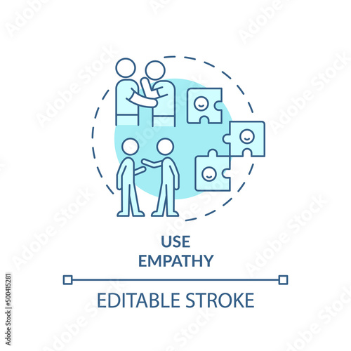 Use empathy turquoise concept icon. Develop emotional awareness abstract idea thin line illustration. Empathetic listener. Isolated outline drawing. Editable stroke. Arial, Myriad Pro-Bold fonts used
