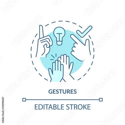 Gestures turquoise concept icon. Nonverbal communication abstract idea thin line illustration. Emphasize aspects of speech. Isolated outline drawing. Editable stroke. Arial, Myriad Pro-Bold fonts used