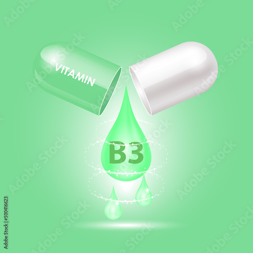 Capsule vitamin B3 (Thiamine) structure green, white opened as drop of water. 3D Vector Illustration. Personal care, beauty concept.Vitamin complex with chemical formula. Drug business concept.
