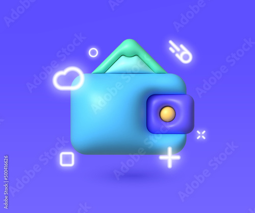 Wallet 3d Neon Vector Illustration. Online banking. Realistic isolated vector. 3d render vector illustration