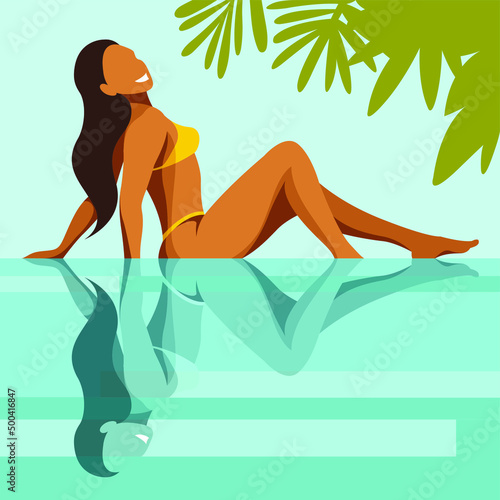 vector illustration on the theme of summer holiday. beautiful young tanned girl in a yellow bikini sunbathes by the pool in the shade of palm trees and leaves at a tropical resort. reflection in water