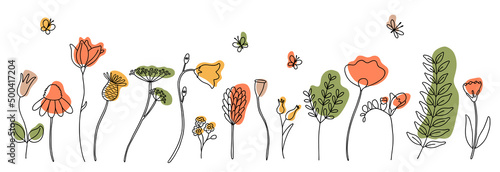Vector collection with wildflowers and butterflies. Sketch style. Elements for your design of packaging, cards, invitation, pattern and other.