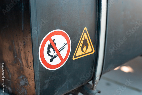 Fotografie Stickers warning about the flammability and combustibility and danger of fuel in