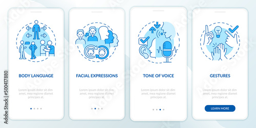 Nonverbal communication examples blue onboarding mobile app screen. Walkthrough 4 steps graphic instructions pages with linear concepts. UI, UX, GUI template. Myriad Pro-Bold, Regular fonts used