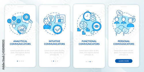 Common types of communicators blue onboarding mobile app screen. Walkthrough 4 steps graphic instructions pages with linear concepts. UI, UX, GUI template. Myriad Pro-Bold, Regular fonts used