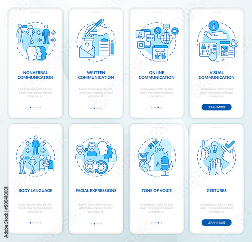Communication skills development blue onboarding mobile app screen set. Walkthrough 4 steps graphic instructions pages with linear concepts. UI, UX, GUI template. Myriad Pro-Bold, Regular fonts used