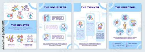 Communication styles blue brochure template. Relater and thinker. Leaflet design with linear icons. 4 vector layouts for presentation, annual reports. Arial-Black, Myriad Pro-Regular fonts used