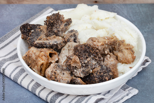 Fotografie Mogodu, a Traditional South African stew made of chopped innards of a cow or tripe served with pap or maize meal