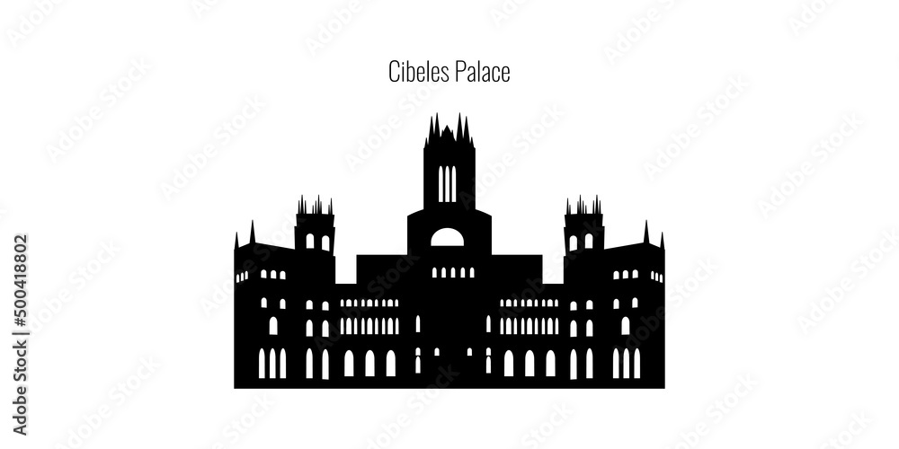 Cibeles Palace (Spanish: Palacio de Cibeles), Madrid, Spain. Black silhouette of Cibeles Palace on white background. Vector illustration.