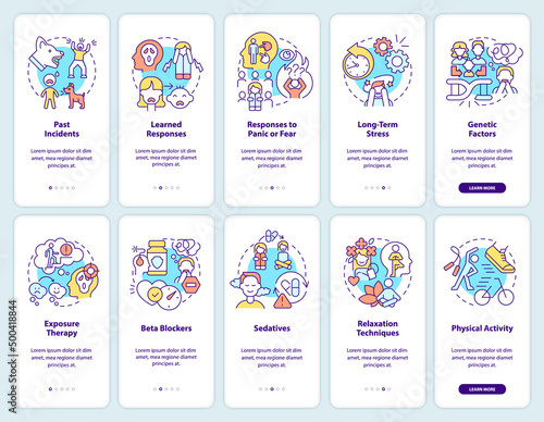 Phobia treatment onboarding mobile app screen set. Anxiety disorder walkthrough 5 steps graphic instructions pages with linear concepts. UI, UX, GUI template. Myriad Pro-Bold, Regular fonts used