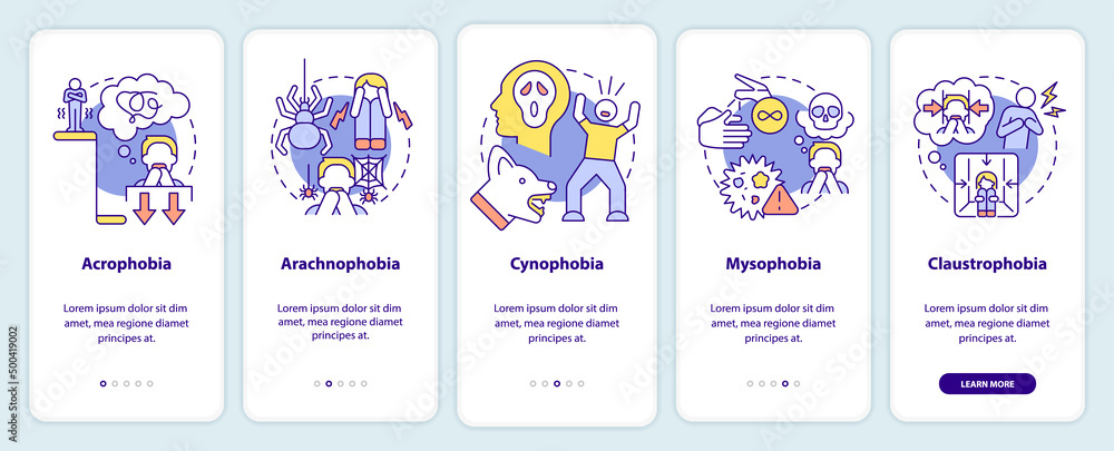 Most common phobias onboarding mobile app screen. Anxiety disorder walkthrough 5 steps graphic instructions pages with linear concepts. UI, UX, GUI template. Myriad Pro-Bold, Regular fonts used