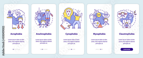Most common phobias onboarding mobile app screen. Anxiety disorder walkthrough 5 steps graphic instructions pages with linear concepts. UI, UX, GUI template. Myriad Pro-Bold, Regular fonts used
