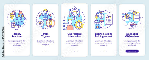 Before appointment with therapist onboarding mobile app screen. Walkthrough 5 steps graphic instructions pages with linear concepts. UI, UX, GUI template. Myriad Pro-Bold, Regular fonts used