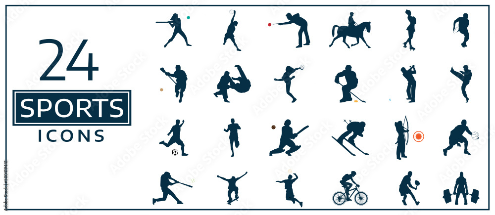 Sports Person Poses Silhouette Flat Black And White Flat Icons Set ...