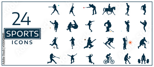 Sports Person Poses Silhouette Flat Black And White Flat Icons Set. Sport And Fitness Flat Icon Set. Editable Icons Cricket, Cycling, Weight Lifting, Running, Horse Riding, Tennis, Skiing, Stretching