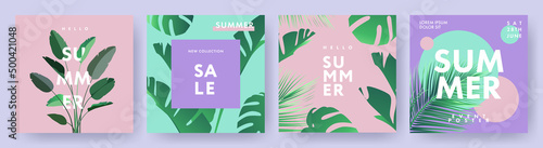 Hello Summer banners, posters or covers with abstract tropical leaves and modern typography. Design templates for branding, advertising, promo events and sale.Tropical Summer set in minimalist style.