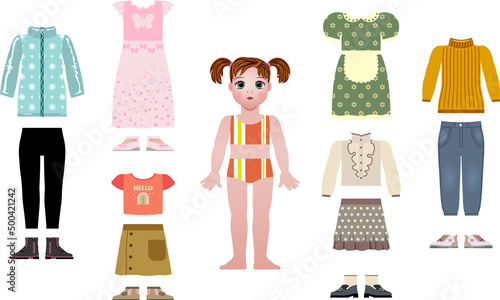 Doll with a set of clothes. Vector illustration