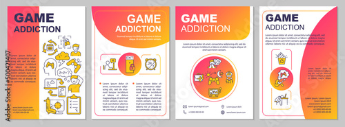 Game addiction red gradient brochure template. Internet gaming disorder. Leaflet design with linear icons. 4 vector layouts for presentation, annual reports. Arial, Myriad Pro-Regular fonts used