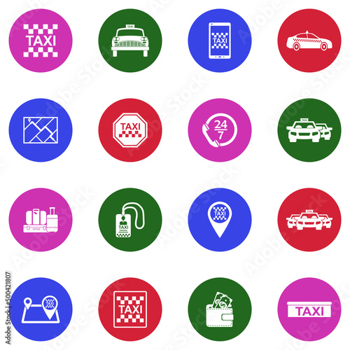 Taxi Service Icons. White Flat Design In Circle. Vector Illustration.
