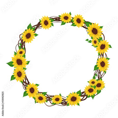 Yellow sunflower wreath with green leaves. Round frame, cute bright flowers with dark hearts. Festive decorations for wedding, holiday, postcard, poster and design. Vector flat illustration