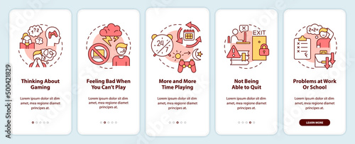 Signs of game addiction onboarding mobile app screen. Mental health walkthrough 5 steps graphic instructions pages with linear concepts. UI, UX, GUI template. Myriad Pro-Bold, Regular fonts used