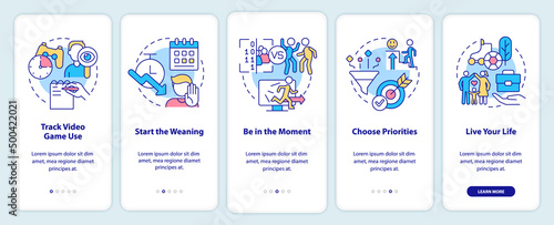 Coping with gaming addiction onboarding mobile app screen. Video games walkthrough 5 steps graphic instructions pages with linear concepts. UI, UX, GUI template. Myriad Pro-Bold, Regular fonts used